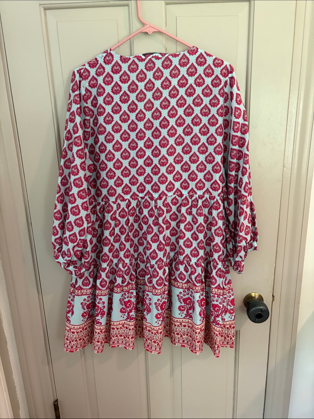 Zara Pink Block Print on Light Blue Tunic Dress - Picture 6 of 6